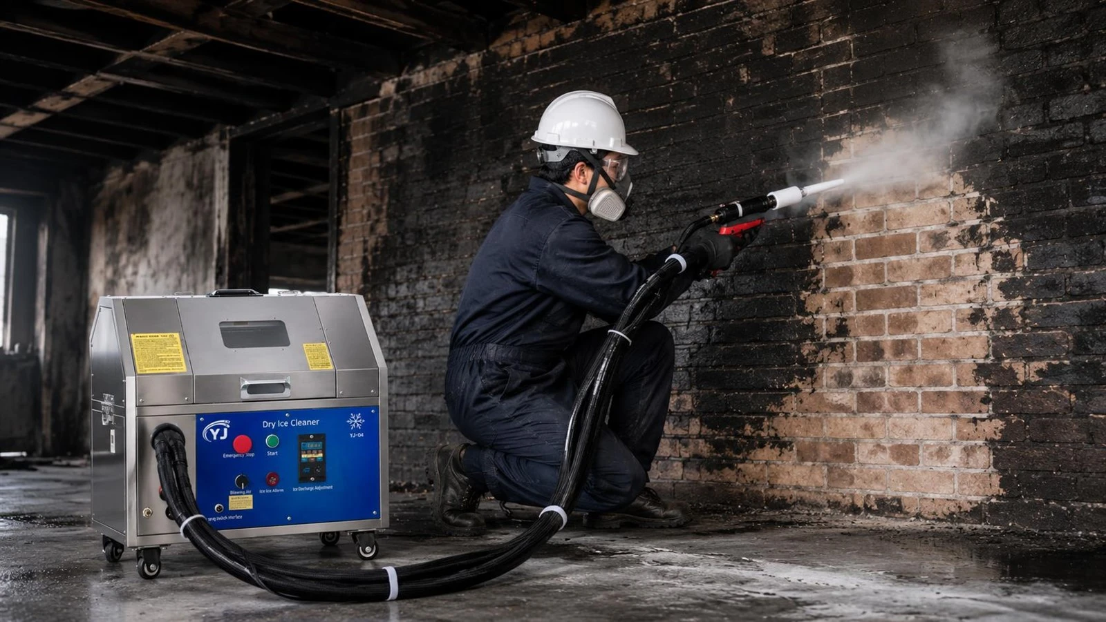 Operator using dry ice blasting to remove smoke residue from a soot-stained brick wall Operator using dry ice blasting to remove smoke residue from a soot-stained brick wall